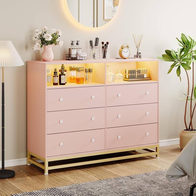 Wide Dresser for Bedroom with Charging Station - Pink