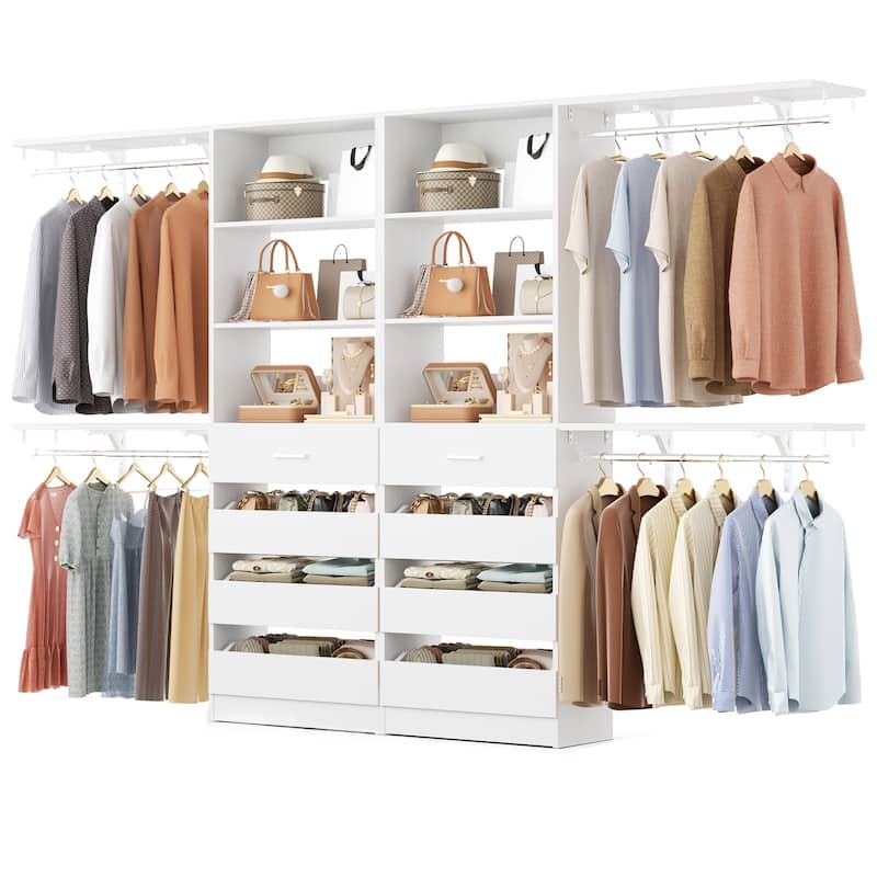 Set of 2 Closet System with Wooden Drawers and Hanging Rods, Closet Organizer with Adjustable Storage Shelves