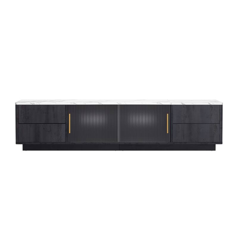 Glass Doors TV Stand for 70" TV, Media Console with 4 Drawers Floor Wood TV Media Center Table with Large Storage Cabinet
