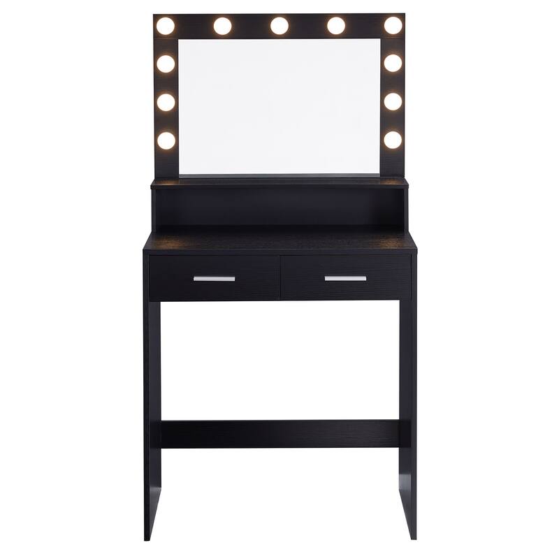 Vanity Desk with Mirror and Lights, Dressing Table with Large Drawer, 2 Level Storage Dresser & Adjustable Brightness