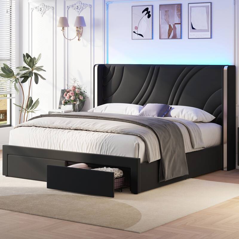 King Size Modern Upholstered LED Bed Frame