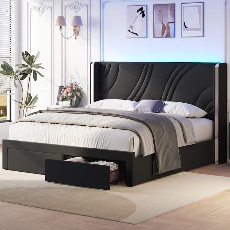 Queen Size Modern Upholstered LED Bed Frame