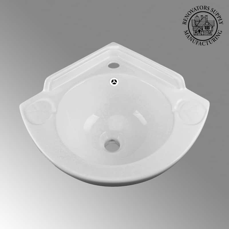 White Ceramic Corner Wall Mount Bathroom Sink Mountain Pond 20.5" with Overflow and Backsplash Renovators Supply