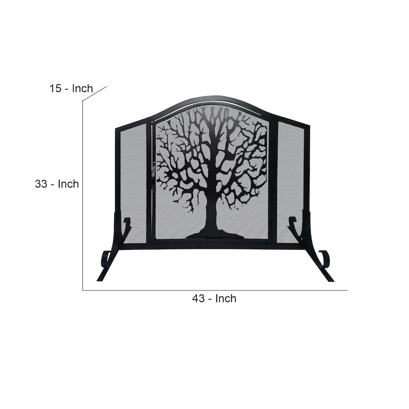 43 Inches 3 Panel Iron Fireplace Screen, Mesh Design, Arched Top, Tree of Life Art, Black