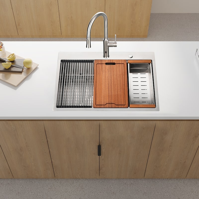 Undermount Single Bowl Stainless Steel Kitchen Sink with Workstation