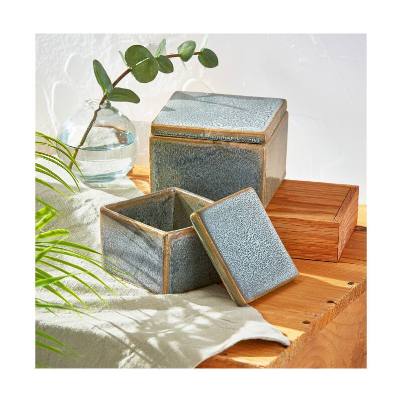Small Blue Decorative Stoneware Box - Ceramic Storage for Summer Decor, 3" H x 3.5" L x 3.5" W, Wipe Clean