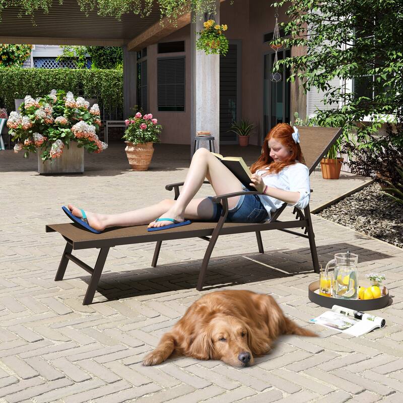 Outdoor Recliner All Weather Aluminum Adjustable Chaise Lounge Chair with Arms - See Picture