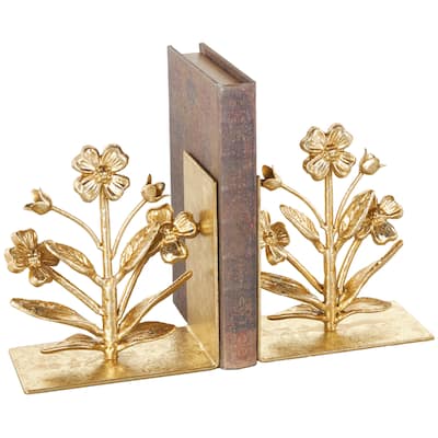 Metal Floral Decorative Bookends with Shimmer Details - Set of 2 Gold - Roche River Decor - 3"W x 6"L x 7"H