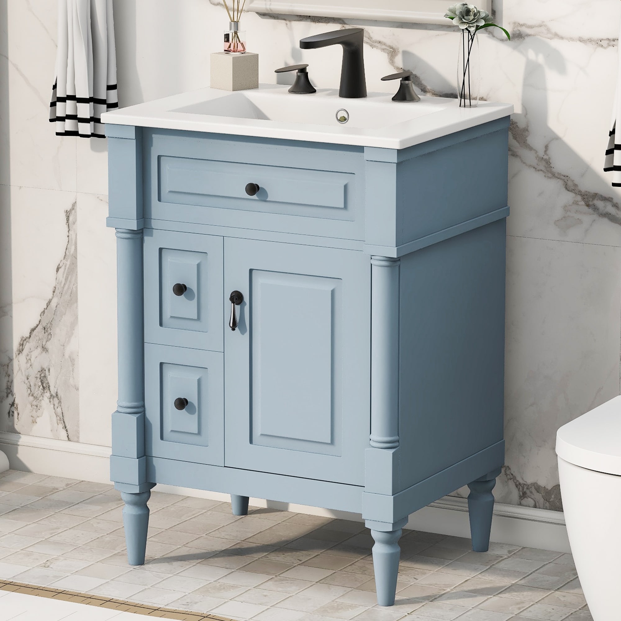 GDFStudio - Monteria Freestanding Bathroom Vanity with Ceramic Sink, Flip Drawer, Adjustable Shelf & Door Storage Rack