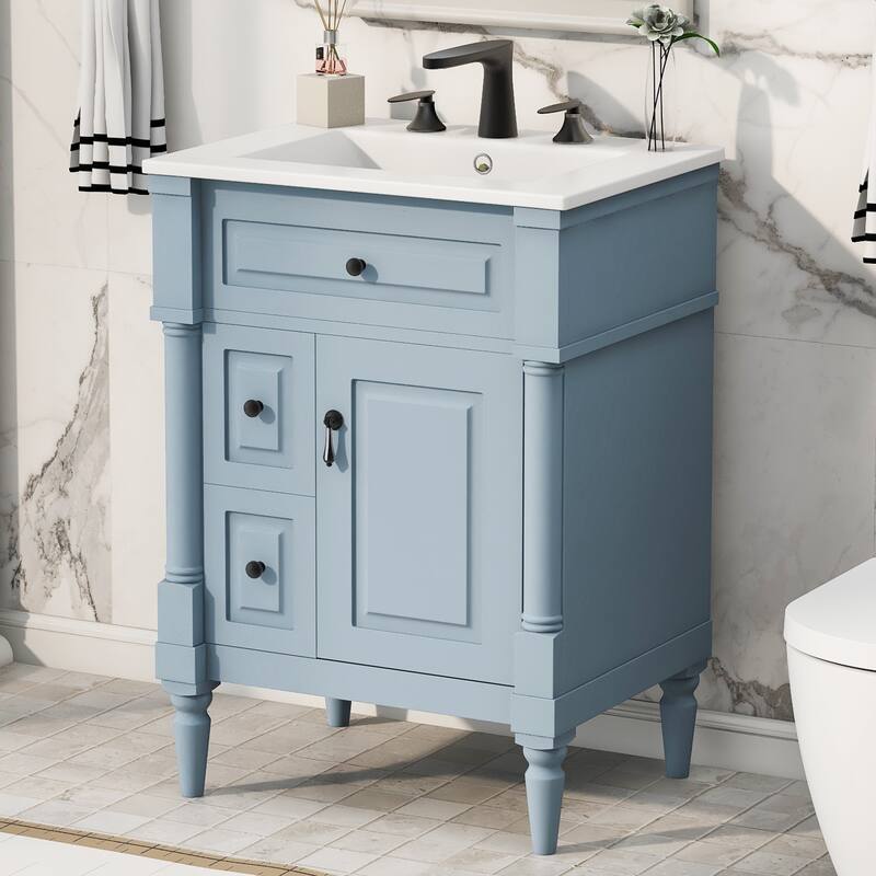 Roomfitters 24" Bathroom Vanity with Sink, Solid Wood Frame, Flip Drawer, 2 Drawers & Door Rack - Blue+Grey