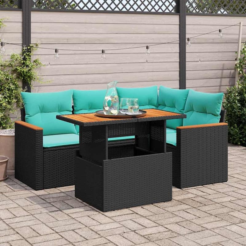 vidaXL Patio Sofa Set with Cushions Outdoor Furniture 5 Piece Poly Rattan - Black-with storage - 21.7 x 24.4 x 27.2