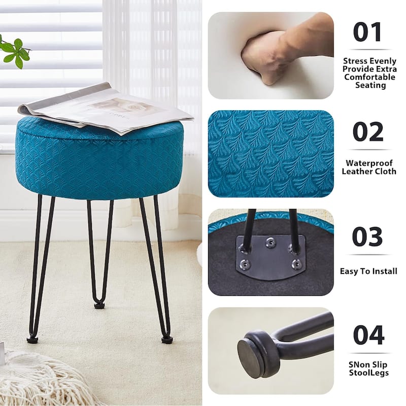 Modern Velvet Ottoman Footstool with Cushioned Seat and Metal Frame for Bedroom or Living Room - 13”L x 13”W x 17”H