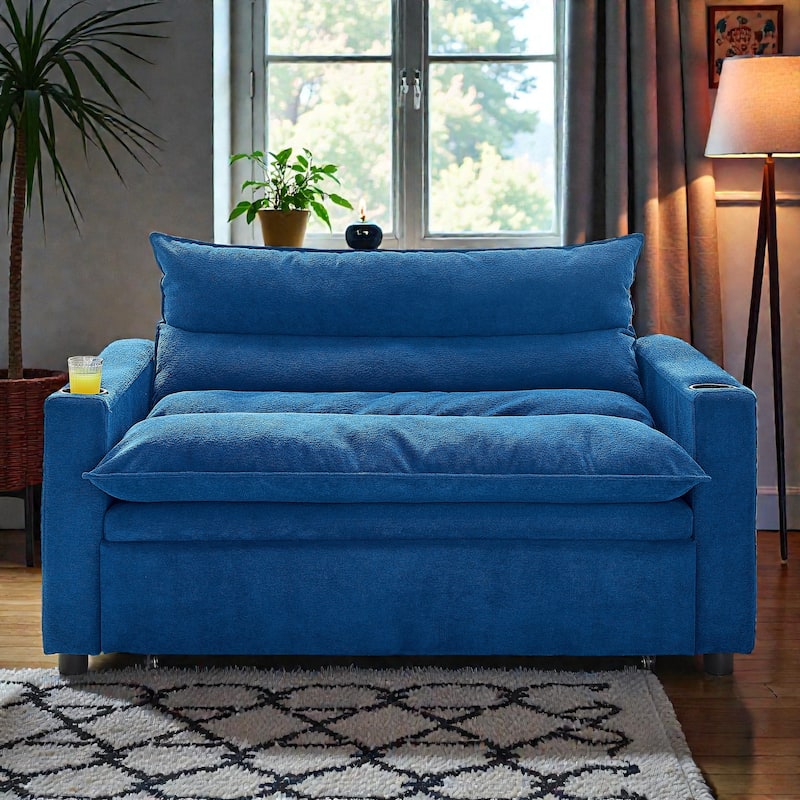 47" Convertible Velvet Sofa Bed, 3-in-1 Pull-Out Loveseat Chaise Lounge with Adjustable Backrest for Living Room - Blue