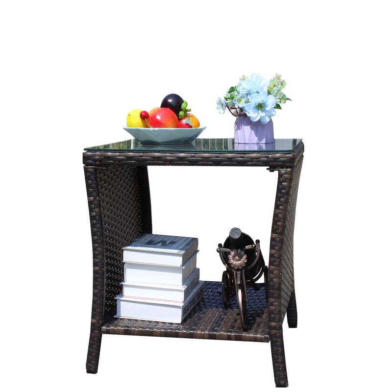 Anmytek Gray Rattan Side Table with Tempered Glass Top Indoor Outdoor Wicker Patio Table Double Tier Storage - 19.25*19.25