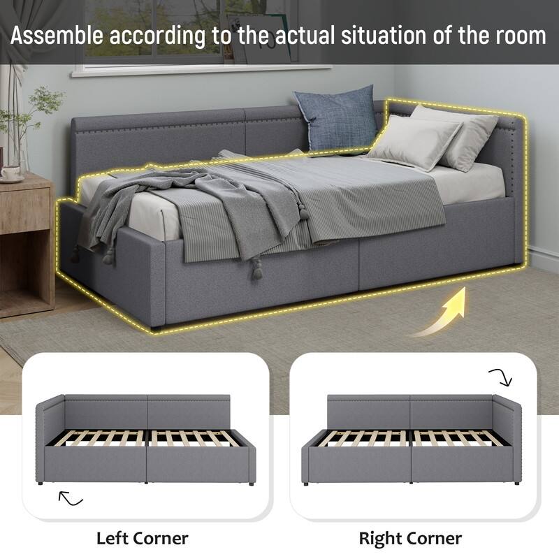 Modern Style Twin Size L Shape Corner Bed, Linen Upholstered Daybed with Two Storage Drawers