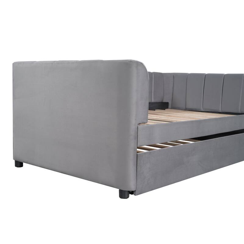 Twin Size Daybed Velvet Upholstered Sofa Bed with Trundle, Wood Platform Slat Support Bed Frame, Striped Tufted Backrest
