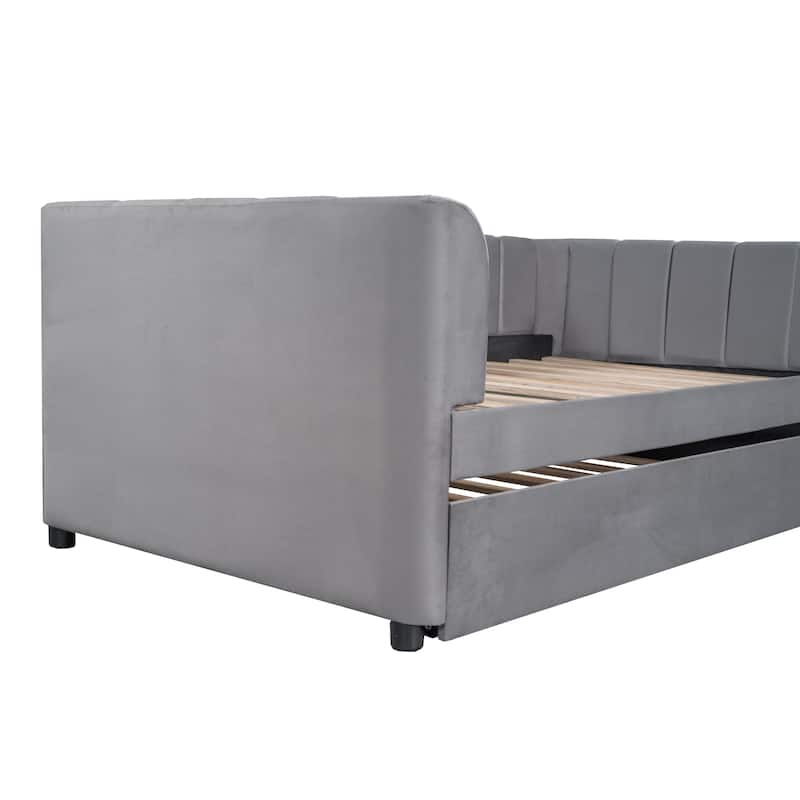 Twin Size Upholstered Daybed with Ergonomic Design Backrest and Trundle