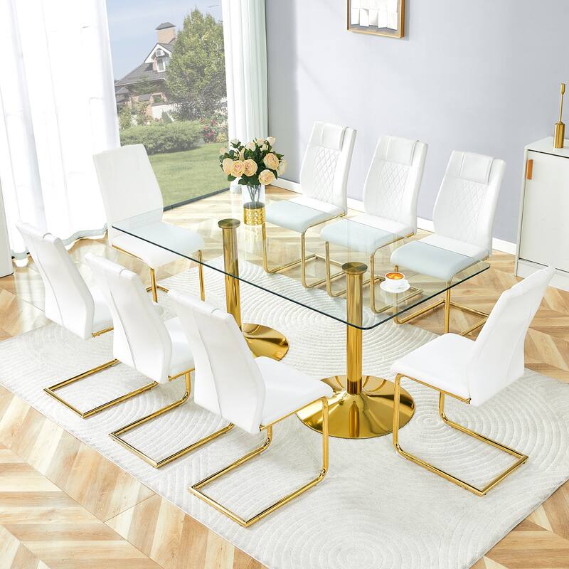 Rectangular Dining Table Set for 6-8 People, Modern Glass Table with Faux Leather Chairs - Gold,Transparent,White - 9-Piece