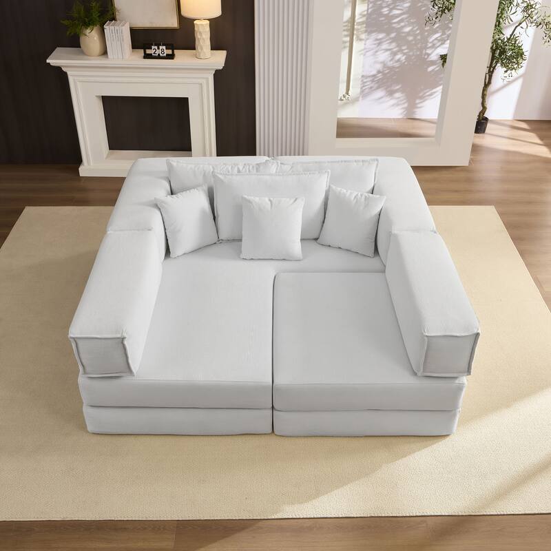 DIY Modular Corduroy L-Shaped Floor Sofa Set with 6 Pillows