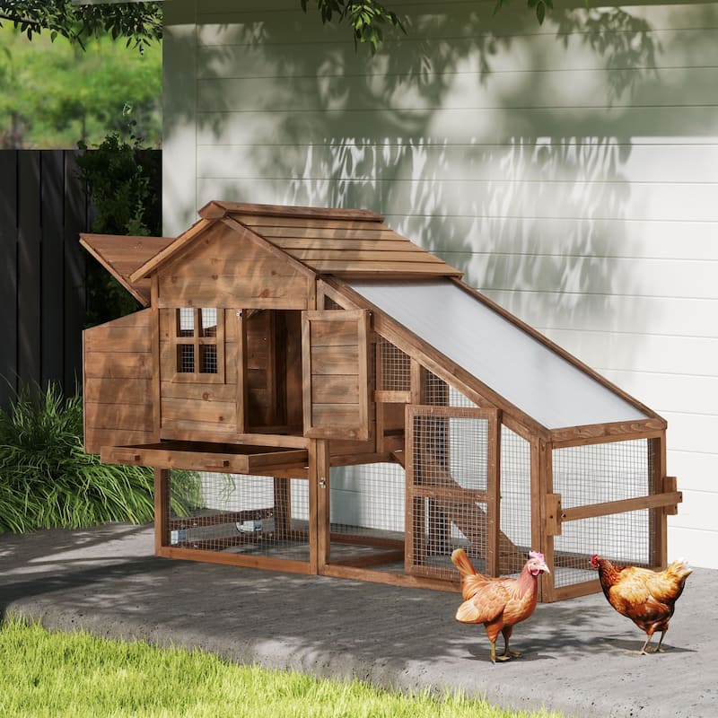 EROMMY Wooden Chicken Coop – 71” Mobile Poultry Tractor with Nesting Box, Wheels, Waterproof Roof & Pull-Out Tray - 71"x29" - 71"x29" - Brown