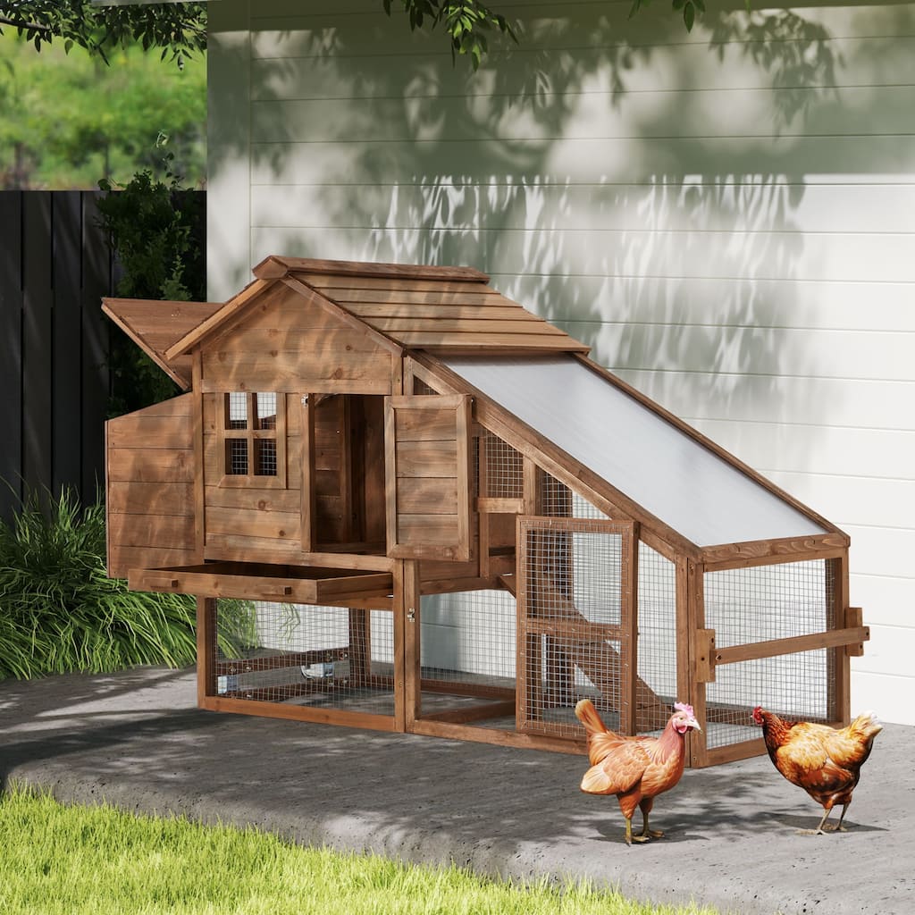 EROMMY Wooden Chicken Coop – 71” Mobile Poultry Tractor with Nesting Box, Wheels, Waterproof Roof & Pull-Out Tray - 71"x29"
