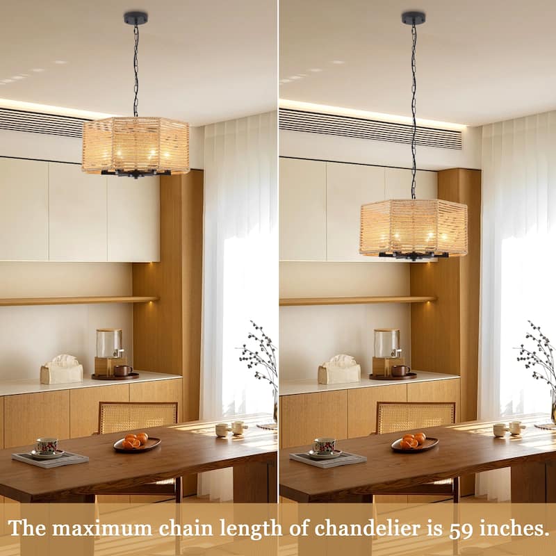 18.89-inch Bohemian-style 6-light octagonal metal chandelier with twine lampshades and adjustable height