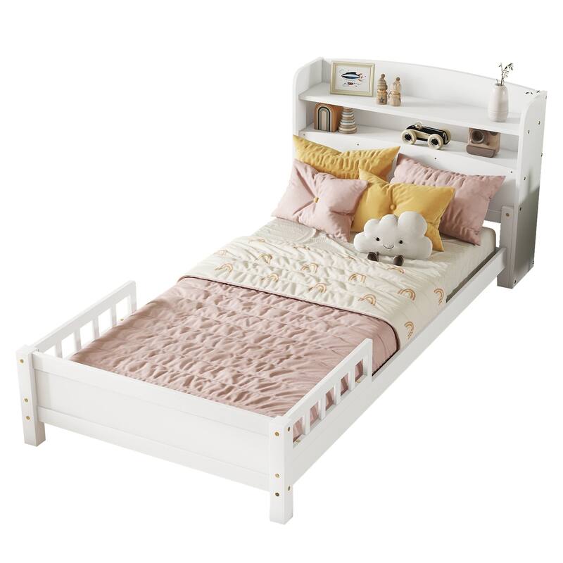 White Twin Pine Wood Bed with Bookcase Headboard, LED Motion Sensor Light, Guardrails