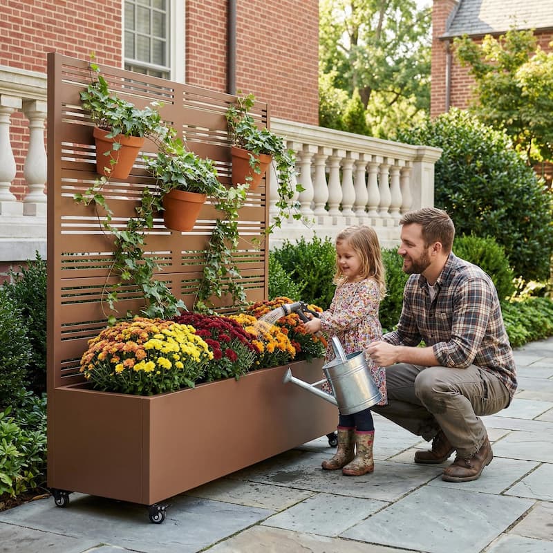 Outdoor Metal Galvanized Privacy Screen Planter Box with Trellis Lockable Wheels