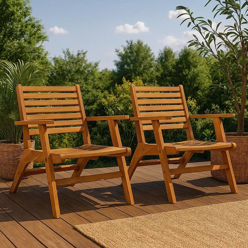 Outdoor Set of 2, Slatted Design, Acacia Wood, Brown Finish