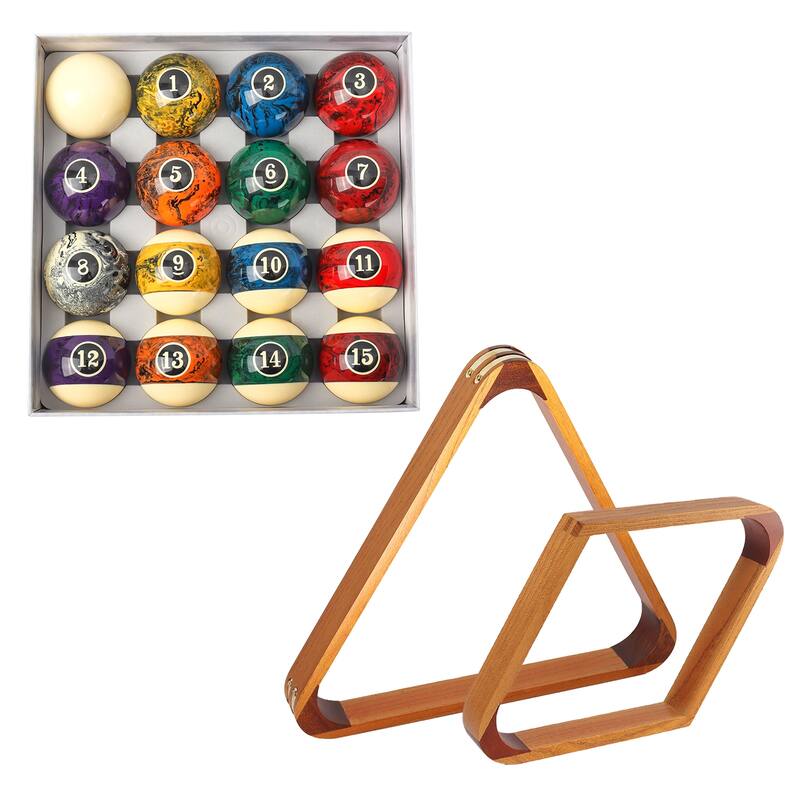 GSE™ 2-1/4"" Regulation Size Billiard/Pool Balls and 8-Ball Triangle & 9-Ball Diamond Rack Set - Billiard Accessory Kit - + Oak Racks - Dark Marble Balls