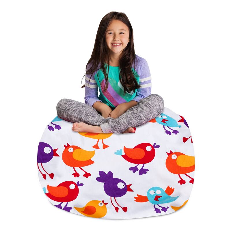 Kids Bean Bag Chair Cover Stuffed Animal Storage or Toy Organizer - 38 Inch Large - Canvas Birds on White