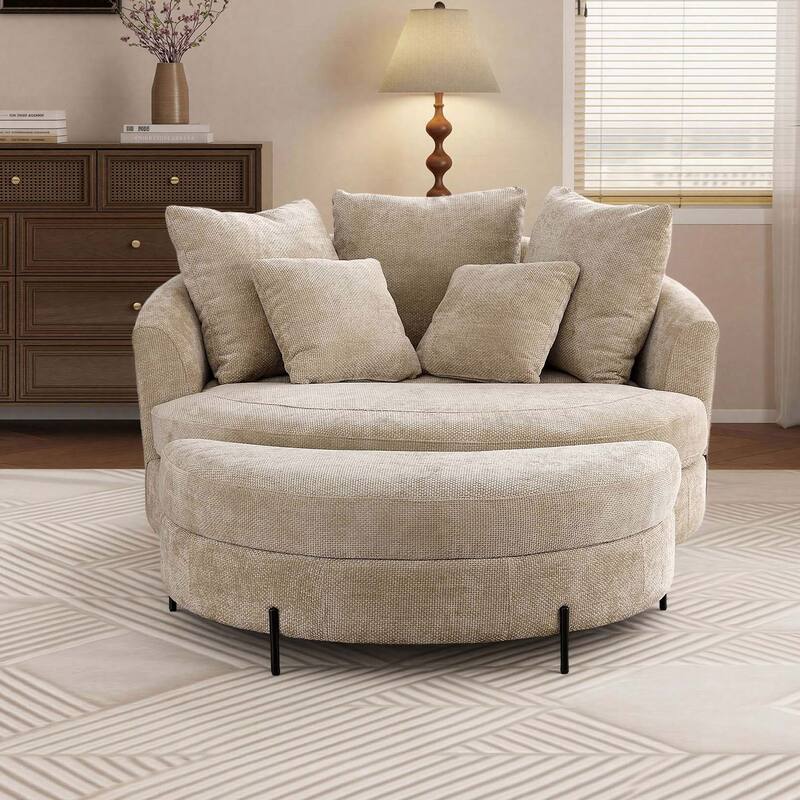 59.8''W Oversized Sofa Chair Set, Round Accent Barrel Chair With 5 Pillows and 1 Storage Ottoman