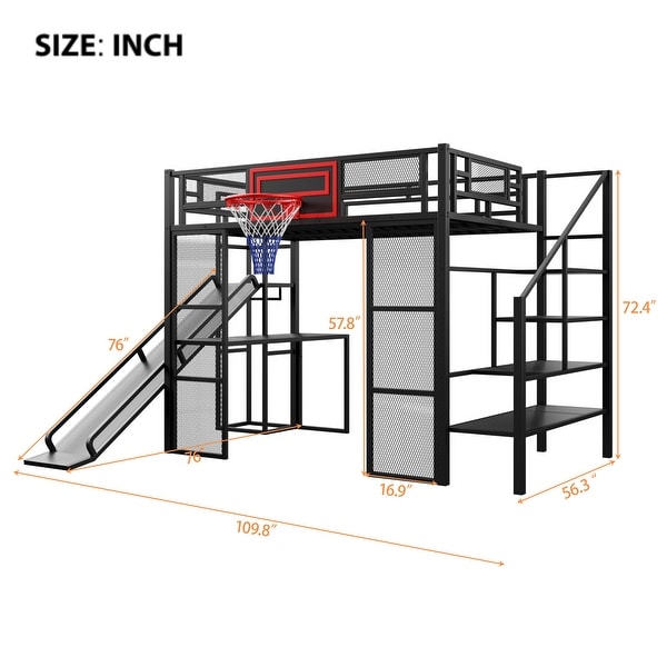 dimension image slide 0 of 2, Industrial Full Size Loft Bed with Basketball Hoop, Slide & Stairs, Heavy Duty Metal Loft Bed Frame with Shelf, Desk & Wardrobe