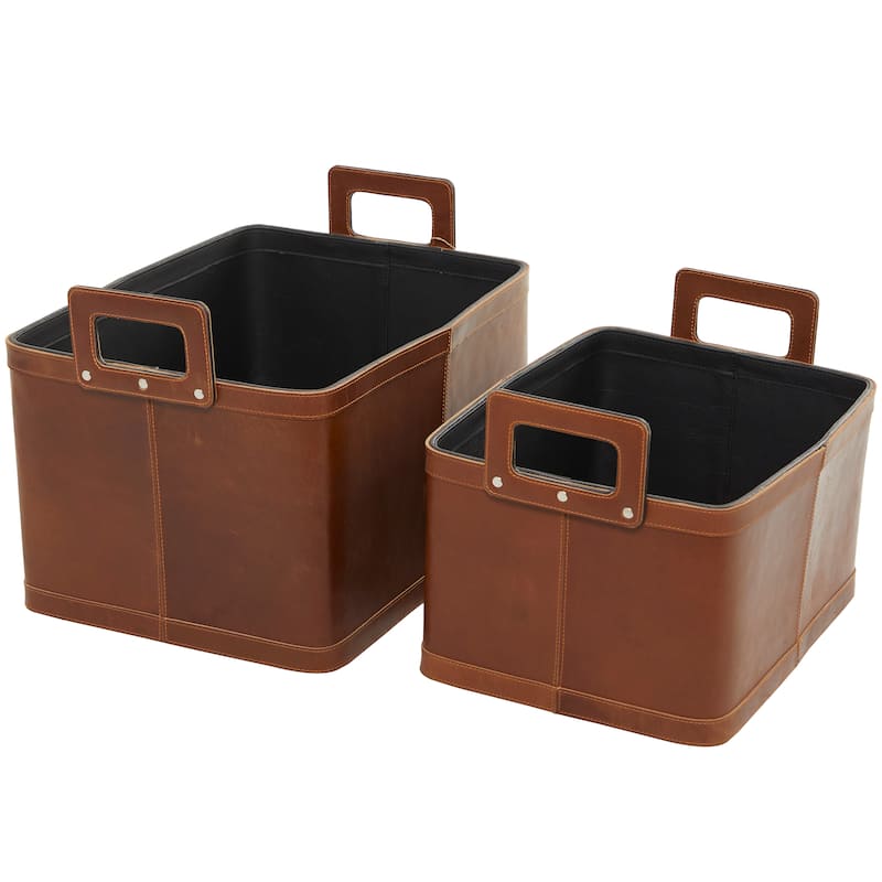 Sleek Leather Modern Storage Basket with Handles (Set of 2) - Dark Blue or Brown
