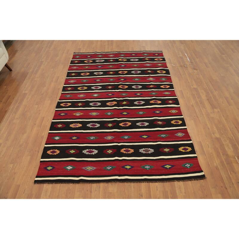 Hand Woven Oriental 100% Wool Carpet Southwestern Tribal Red Kilim Area Rug - 9' 2'' X 5' 9''