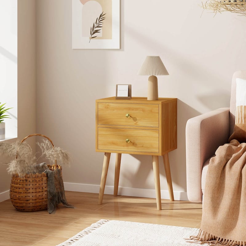 Costway 2PCS Mid-century Modern Nightstand with 2 Drawers Solid Wood