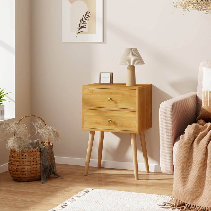 Costway Mid Century Modern 2 Drawers Nightstand In Natural Sofa Side