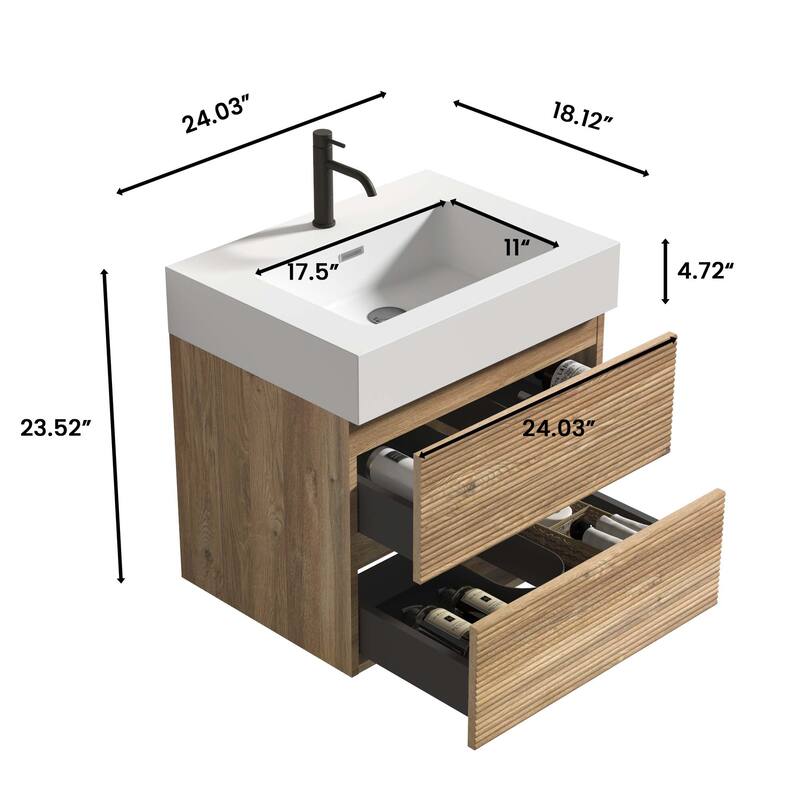 GDFStudio - Grace Wall-Mounted Bathroom Vanity with Engineered Quartz Sink & Soft Close Drawers, without Drainage and Faucet