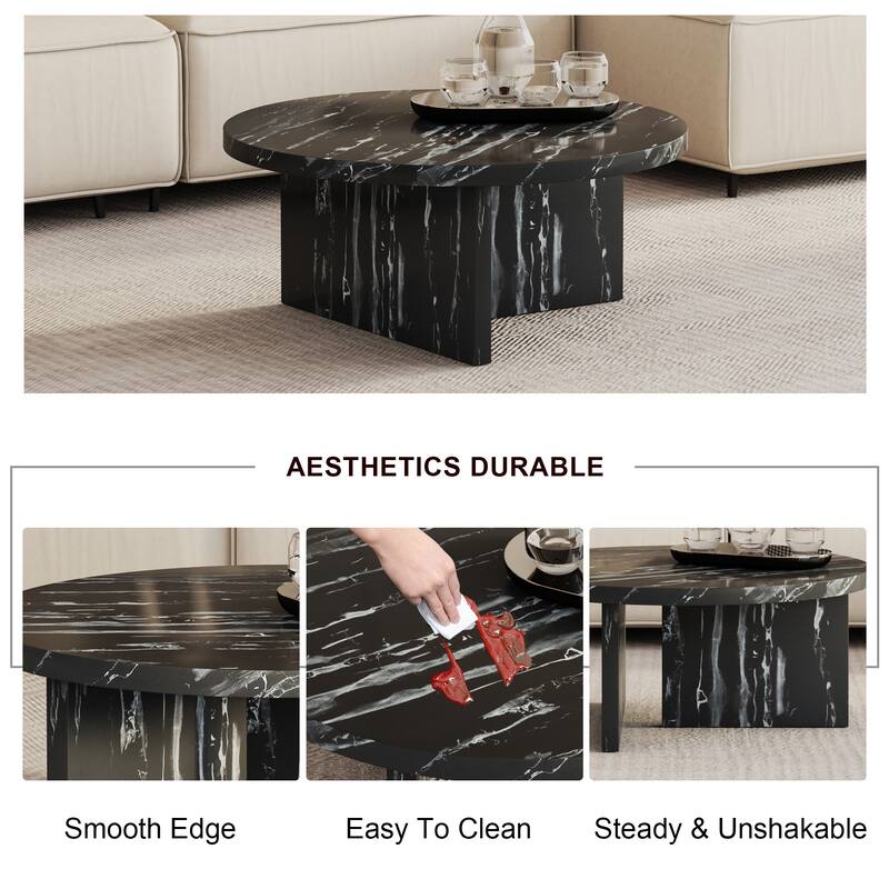 Black MDF material circular coffee table with texture, 31.4 inch black middle table, modern tea table