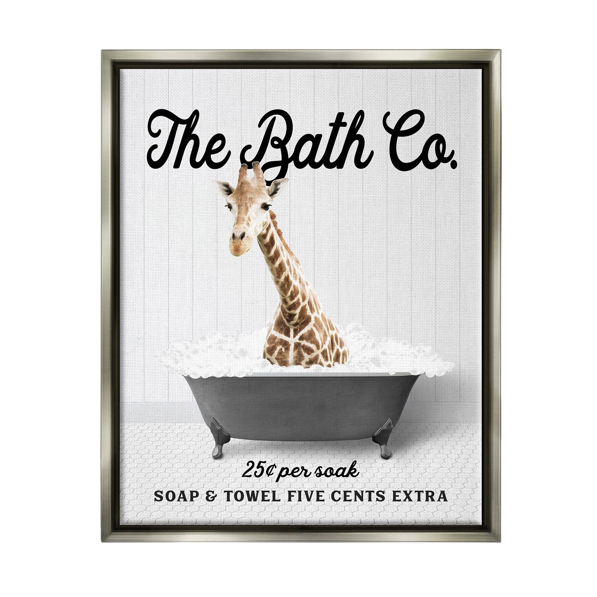 Stupell Giraffe Vintage Bubble Bath Framed Floater Canvas Wall Art Design by Lettered and Lined