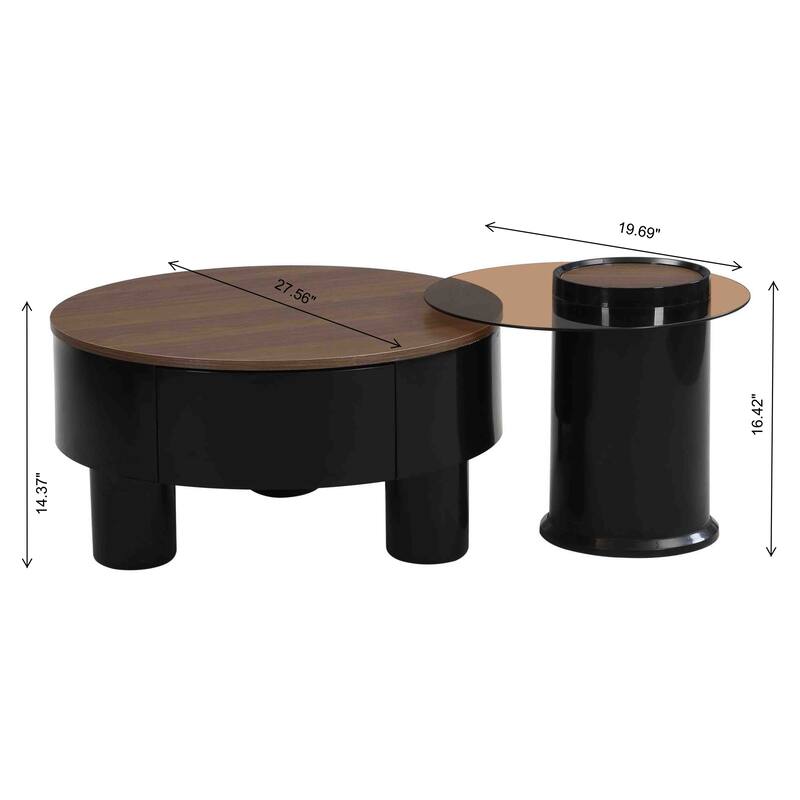 Nested Coffee Table Set with Storage Drawer and Round Tops, Accent Tables End Table with Tempered Glass