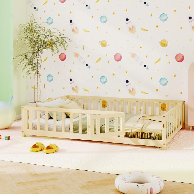 Montessori Floor Bed Frame with Full-length Guardrails Safety Door and Plywood Slats