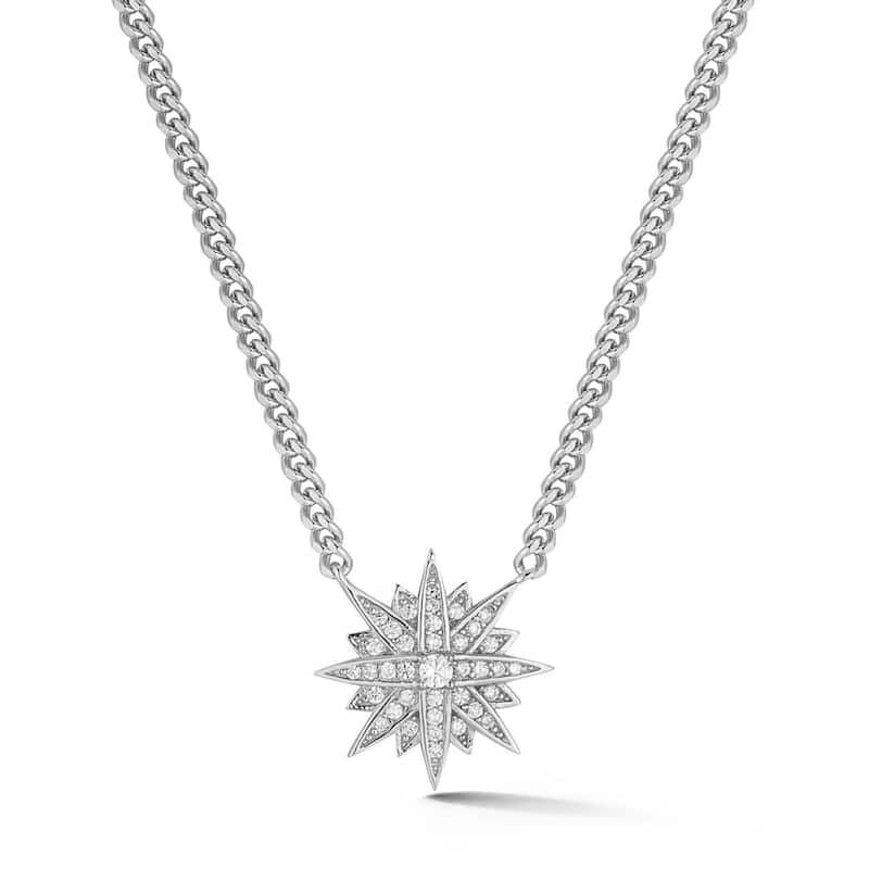 Soleil Sterling Silver Cubic Zirconia Starburst Curb Chain Necklace - White
