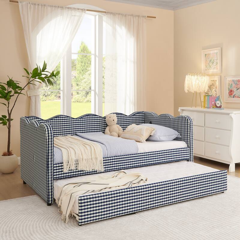 Linen Fabric Gingham Daybed with Trundle, Twin Size Sofa Bed with USB Port and Adorable Wave Shaped Headboard
