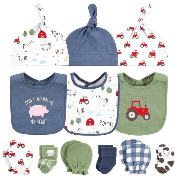 slide 1 of 1, Hudson Baby Infant Boy Caps or Headbands, Bibs, Mittens and Socks 12pc Set, Farm, 0-6 Months - Farm 0-6 Months - Farm