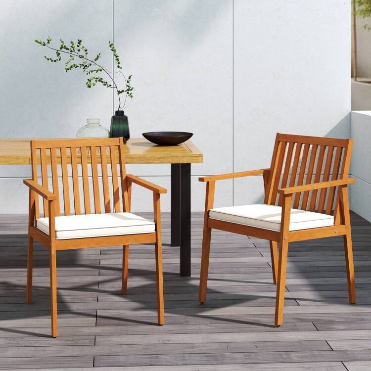 Natural Oak Acacia Wood Outdoor Dining Chairs Set of 2 with Cushions Set - 25" x 23" x 34" (L x W x H)