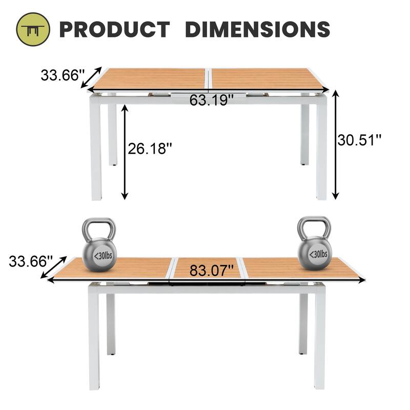 Outdoor Extendable Dining Table Aluminum with Extension Leaf - 63.19-83.07" L x 33.66" W x 30.51" H