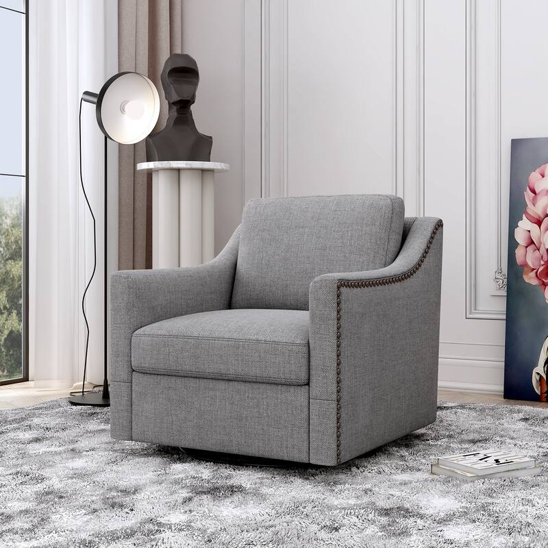 Modern Soft Velvet Upholstered Ergonomics Swivel Armchair: 360 Degree Movement, Brass Nail Decorative - Grey