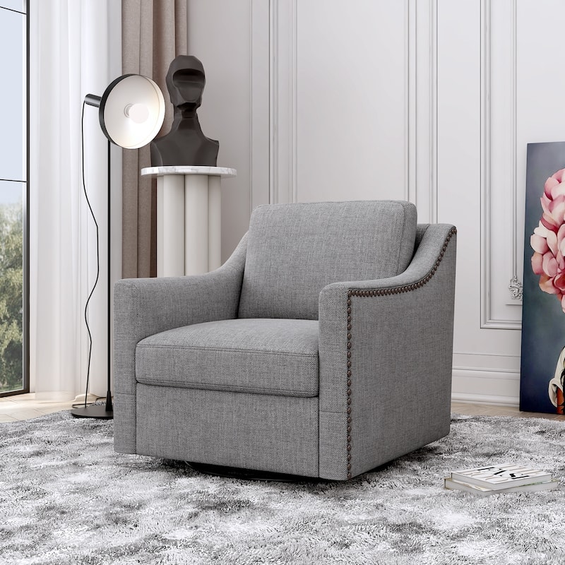 Oversized Swivel Accent Chair, Cotton Linen Fabric Upholstered Armchair, Single Sofa Chair with Brass Nailhead Trim - Grey