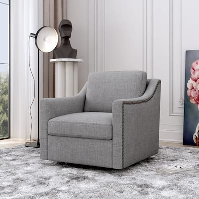 Oversized Swivel Accent Chair, Cotton Linen Fabric Upholstered Armchair, Single Sofa Chair with Brass Nailhead Trim